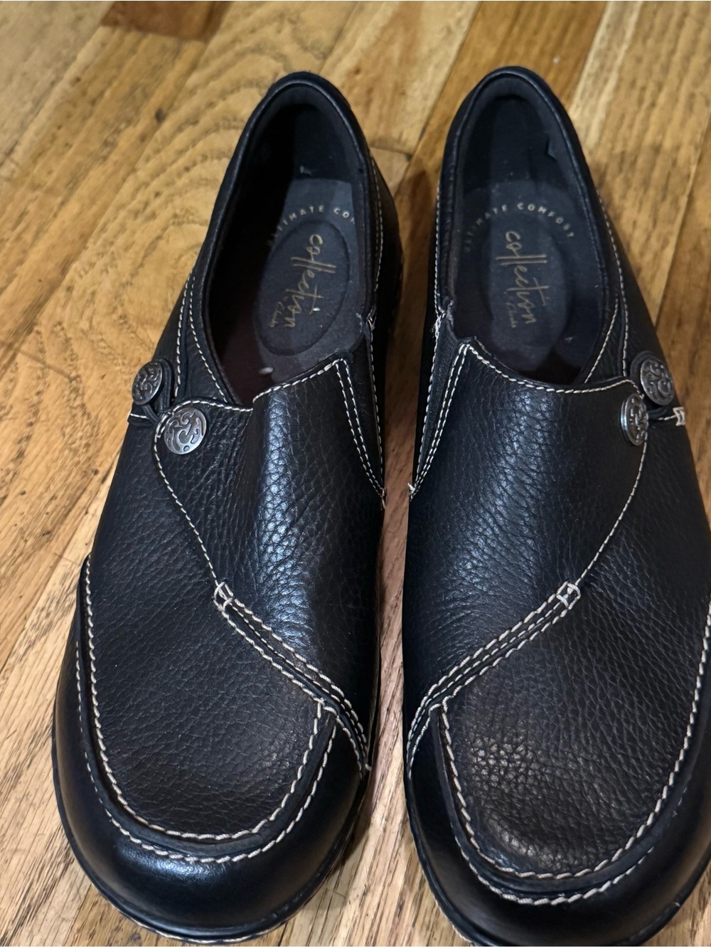 Size 9 - Clarks Black Leather Slip-On Loafers with White Stitching